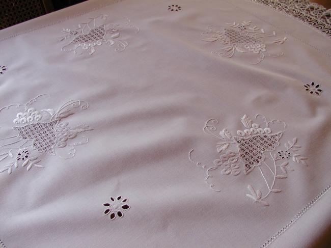 So beautiful tablecloth with drawn thread & white silk works, Cluny lace edging