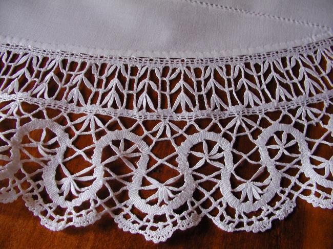 So beautiful tablecloth with drawn thread & white silk works, Cluny lace edging