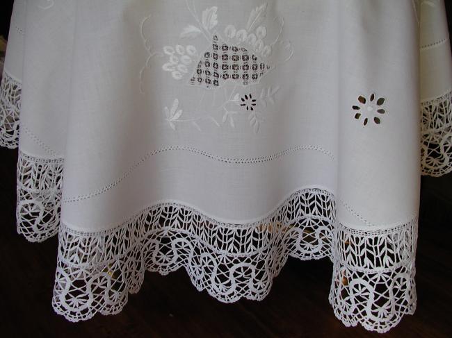 So beautiful tablecloth with drawn thread & white silk works, Cluny lace edging