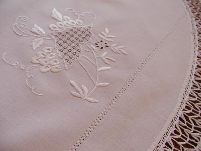 So beautiful tablecloth with drawn thread & white silk works, Cluny lace edging