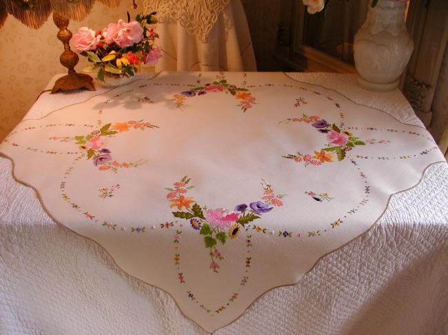 So sweet  tablecloth with hand-embroidered bunches of flowers