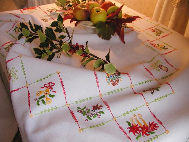 So sweet tablecloth with hand-embroidered Christmas symbols