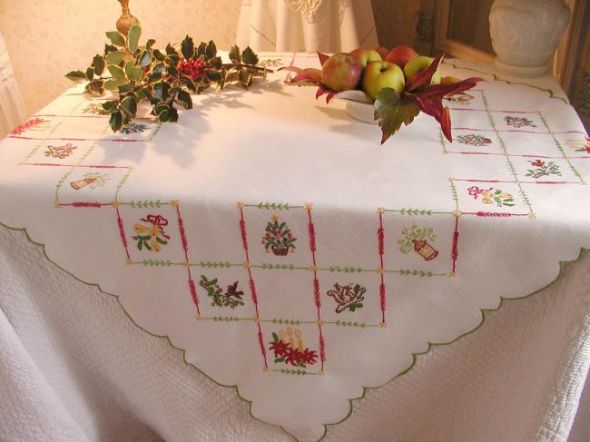 So sweet tablecloth with hand-embroidered Christmas symbols