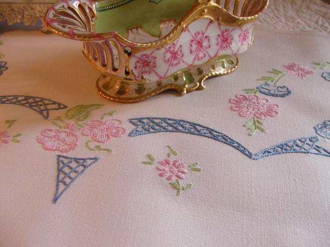 Lovely tablecloth with hand-embroidered flowers and little carriages