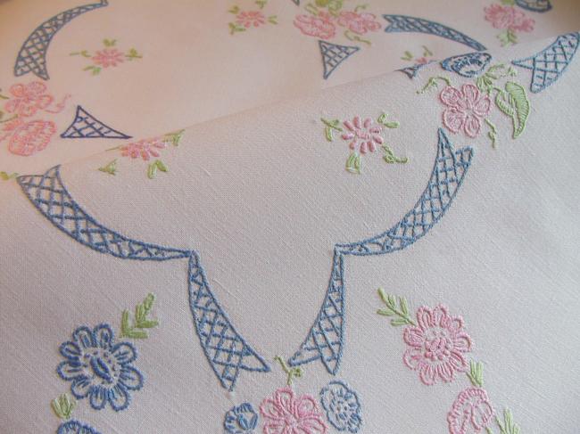 Lovely tablecloth with hand-embroidered flowers and little carriages