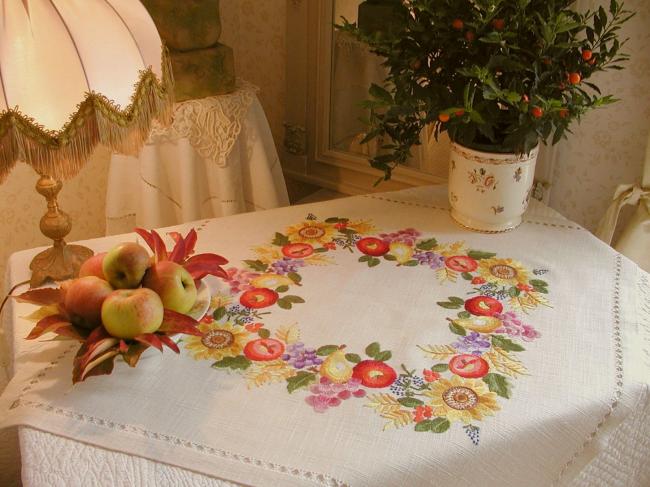 Gorgeous  tablecloth with hand-embroidered fruits & flowers