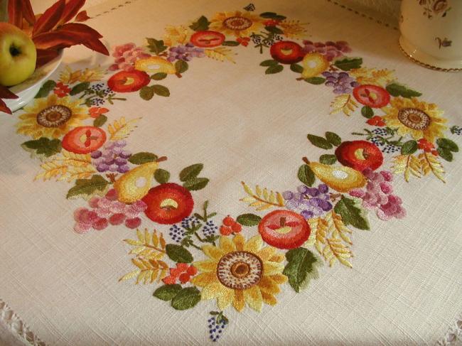 Gorgeous  tablecloth with hand-embroidered fruits & flowers