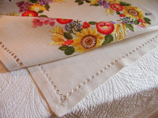 Gorgeous  tablecloth with hand-embroidered fruits & flowers