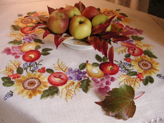 Gorgeous  tablecloth with hand-embroidered fruits & flowers