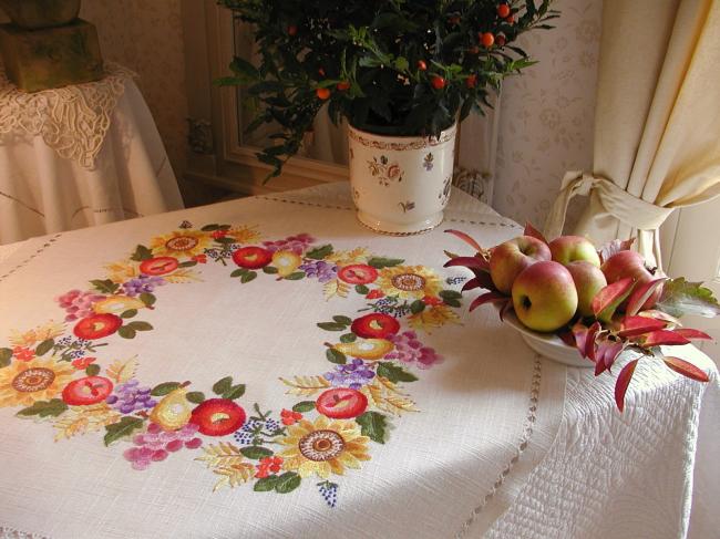 Gorgeous  tablecloth with hand-embroidered fruits & flowers