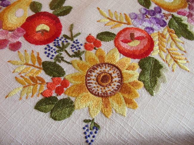 Gorgeous  tablecloth with hand-embroidered fruits & flowers