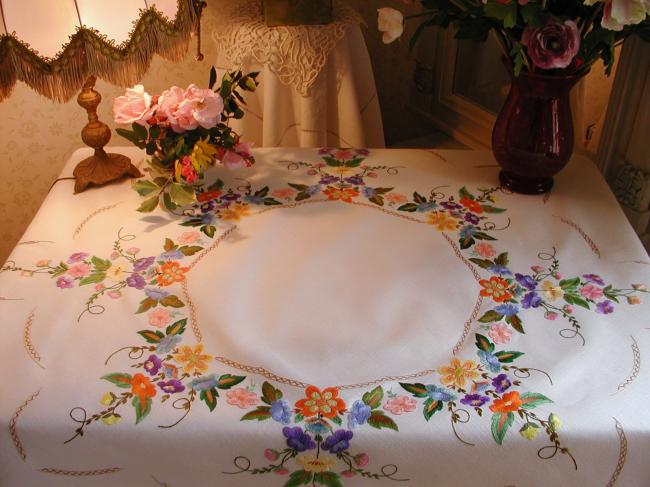 Spectacular tablecloth with hand-embroidered crown of flowers 1950