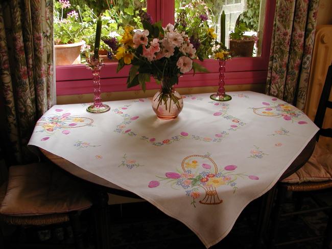 Superb handmade embroidered tulips and wild flowers tablecloth