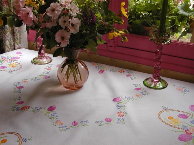 Superb handmade embroidered tulips and wild flowers tablecloth