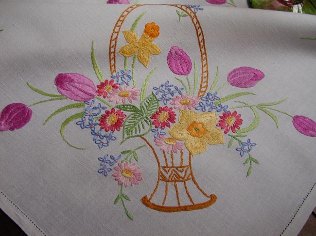 Superb handmade embroidered tulips and wild flowers tablecloth