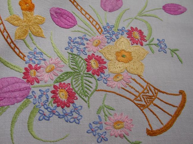 Superb handmade embroidered tulips and wild flowers tablecloth