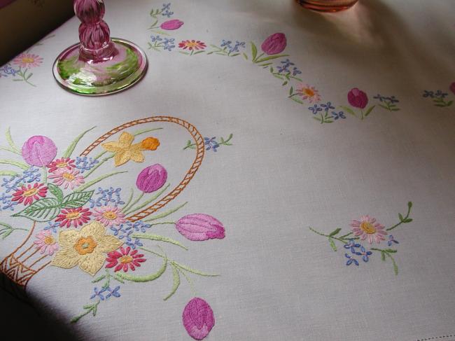 Superb handmade embroidered tulips and wild flowers tablecloth