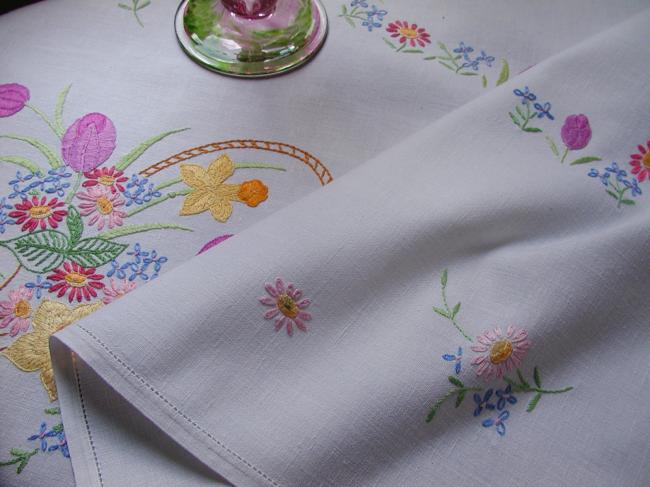 Superb handmade embroidered tulips and wild flowers tablecloth