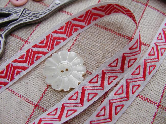 Superbe ruban tissé en coton de couleur blanc & rouge, 1930, en 12mm