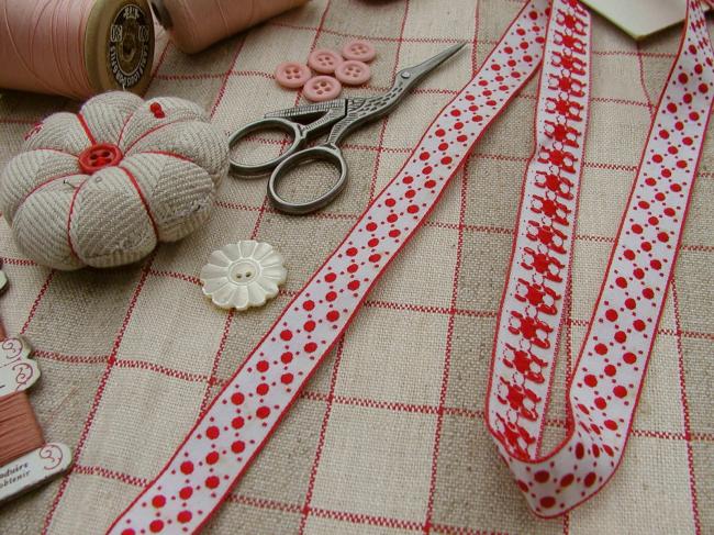 Superbe ruban tissé en coton à petits pois de couleur blanc & rouge, 1930, 16mm