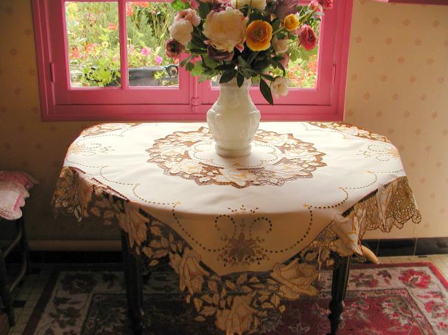 Masterpiece of tablecloth in Madeira work, rich color,embroidered roses