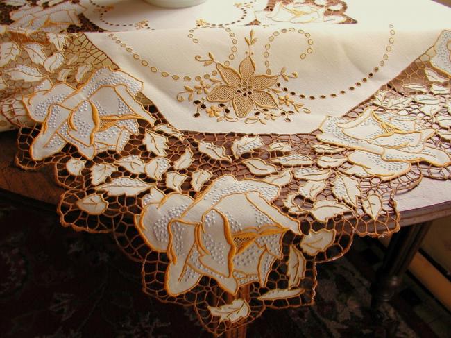 Masterpiece of tablecloth in Madeira work, rich color,embroidered roses