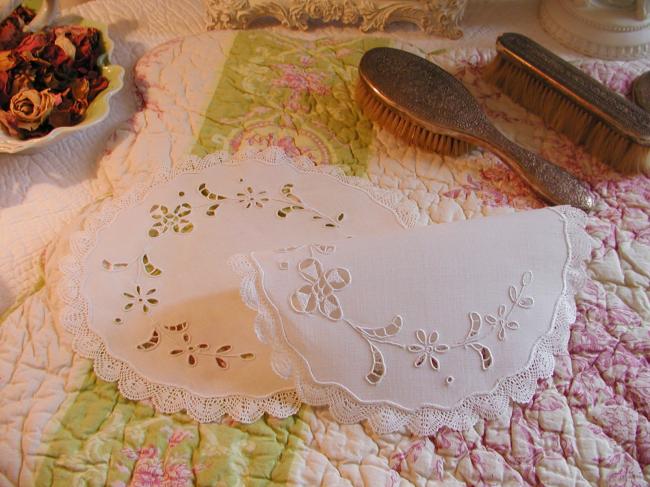 Lovely linen pair of round doilies in Richelieu open work and little lace