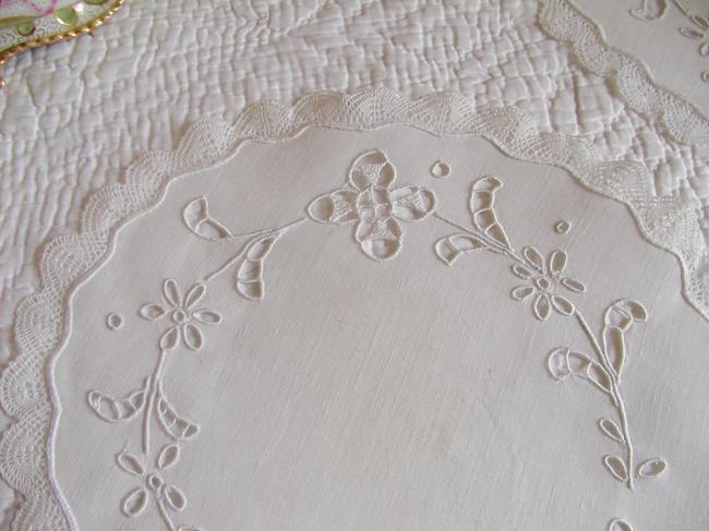 Lovely linen pair of round doilies in Richelieu open work and little lace