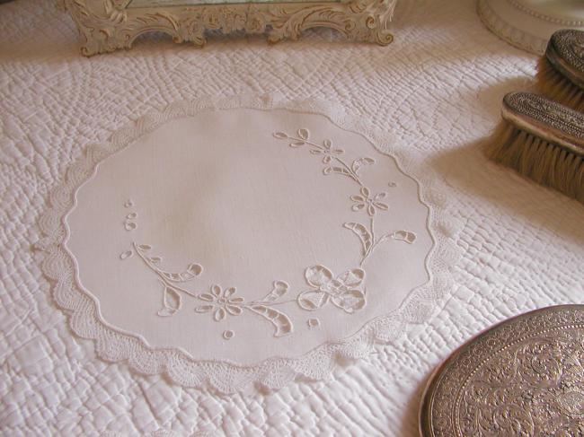 Lovely linen pair of round doilies in Richelieu open work and little lace