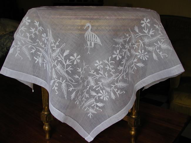 Wonderful cotton voile embroidered tablecloth with storks and flowers