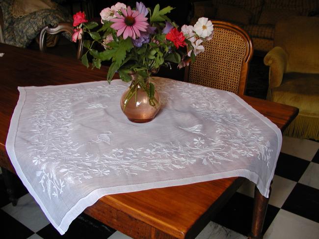 Wonderful cotton voile embroidered tablecloth with storks and flowers