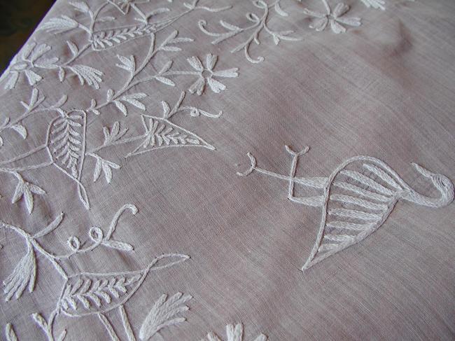 Wonderful cotton voile embroidered tablecloth with storks and flowers