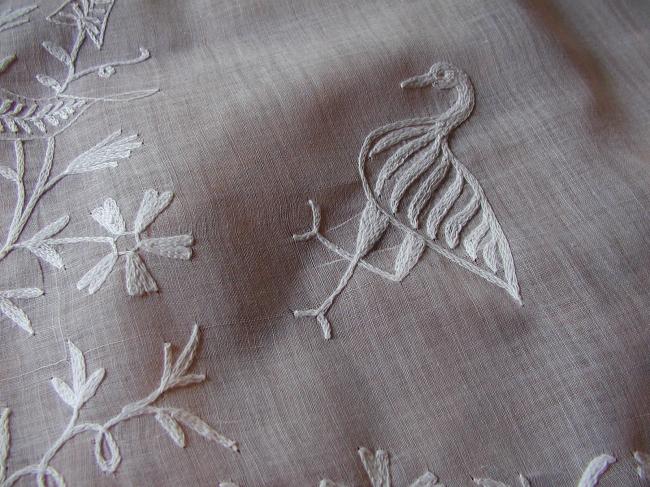 Wonderful cotton voile embroidered tablecloth with storks and flowers