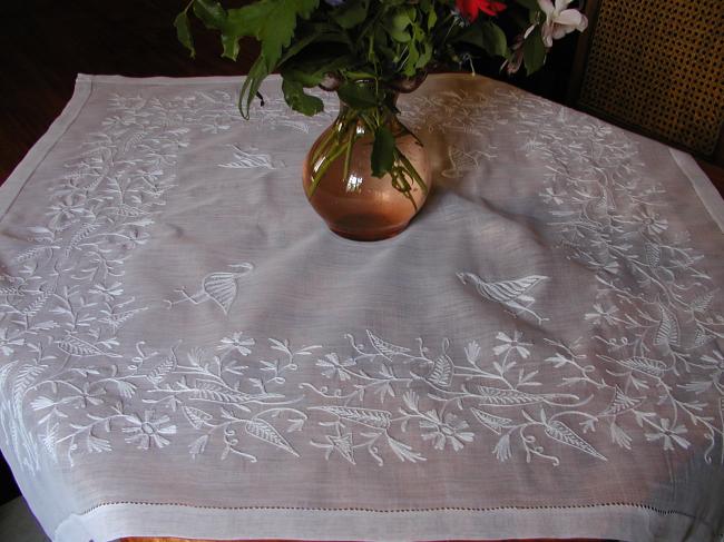 Wonderful cotton voile embroidered tablecloth with storks and flowers