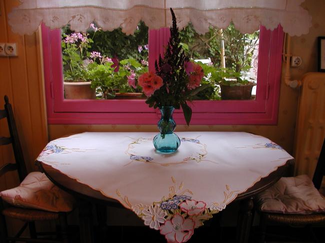 Gorgeous colourful embroidered tablecloth with wheat and summer flowers