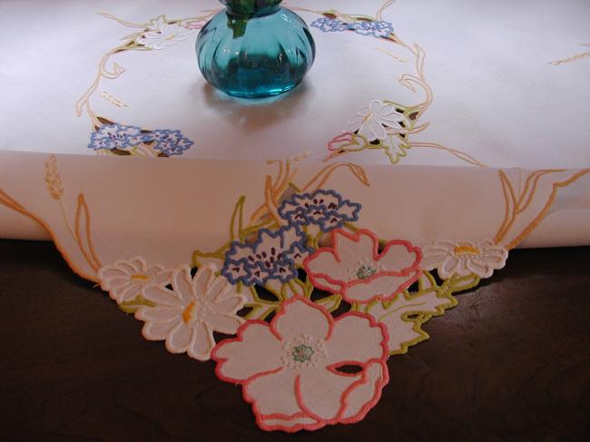 Gorgeous colourful embroidered tablecloth with wheat and summer flowers