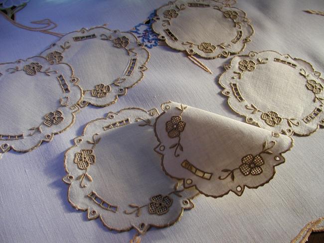 Gorgeous set of 6  small mats or coasters in Madeira embroidery 1940