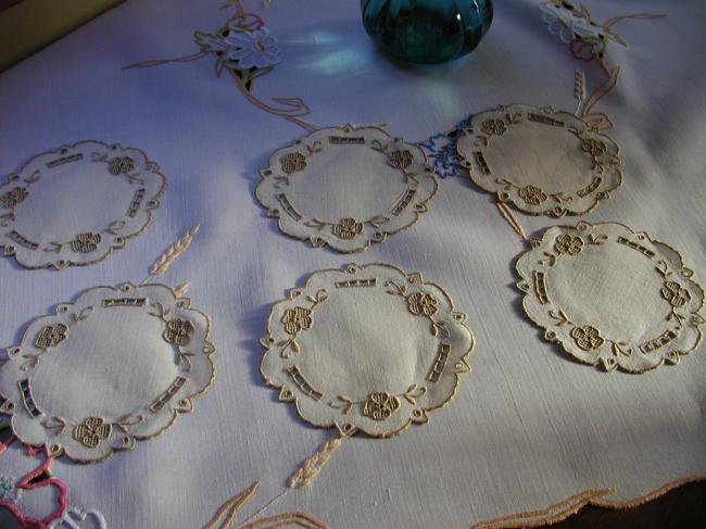 Gorgeous set of 6  small mats or coasters in Madeira embroidery 1940