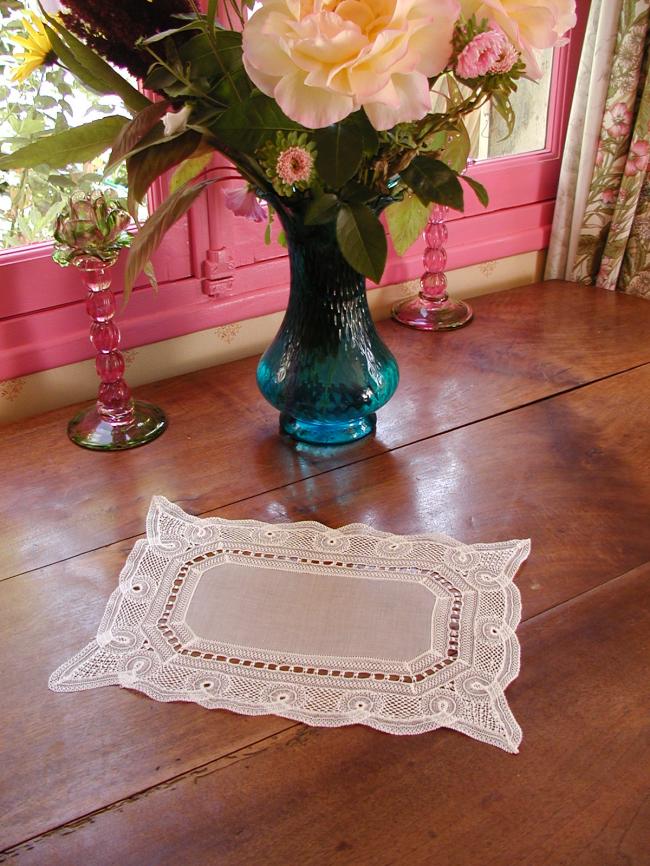 Gorgeous oblong organdi doily with Milan lace