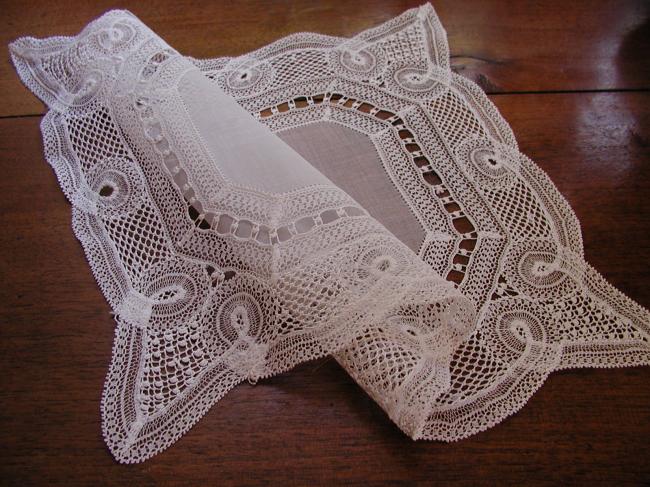 Gorgeous oblong organdi doily with Milan lace