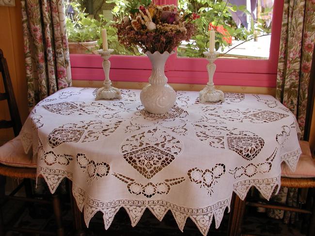 Stunning tablecloth with Richelieu works, Reticella, Venizia and fine filet lace