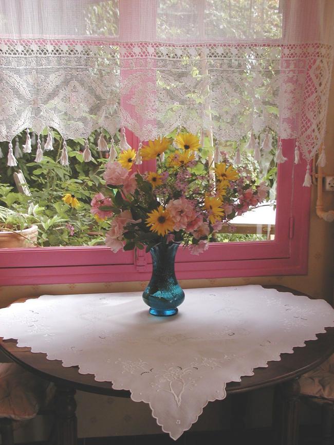 Gorgeous batiste embroidered tablecloth, blooming appletree & Medicis vases1910