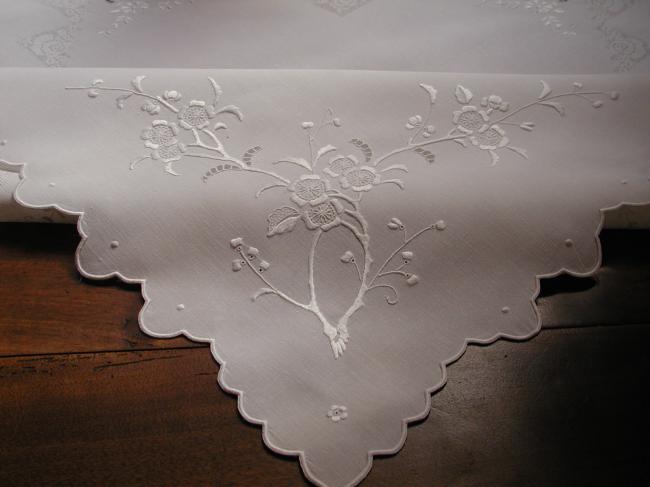 Gorgeous batiste embroidered tablecloth, blooming appletree & Medicis vases1910