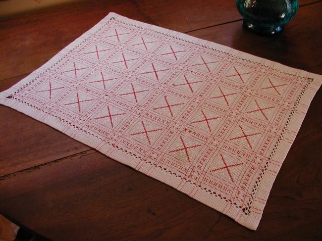 Superb trolley mat in jacquard with cross stitches red and white 1900