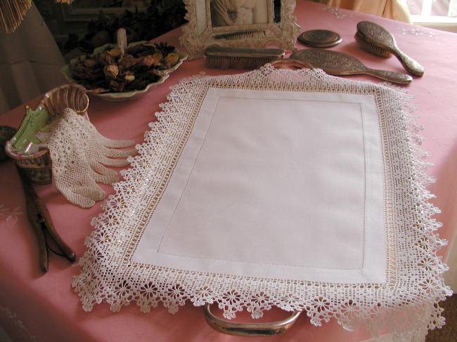 Lovely linen table centre with hand-made crochet lace