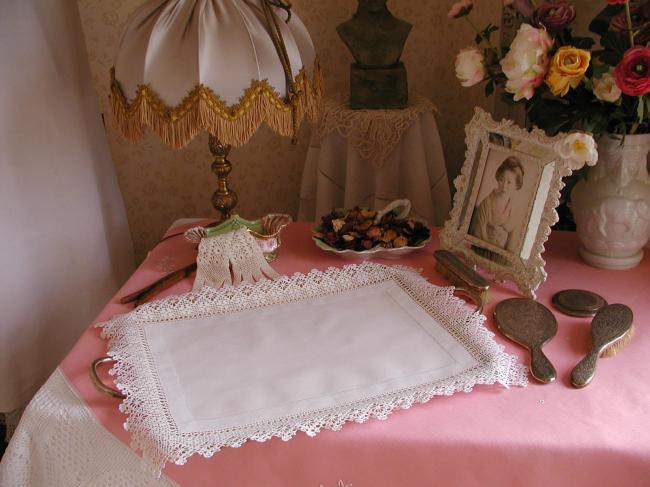 Lovely linen table centre with hand-made crochet lace