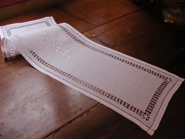 So sweet little runner for buffet with white embroidery and drawn thread works