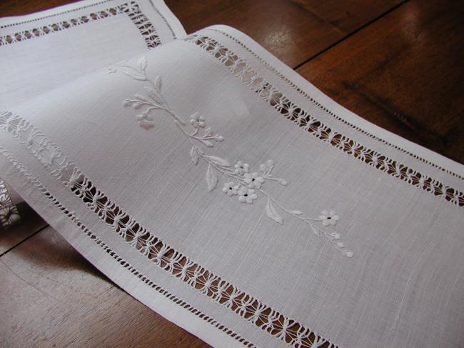 So sweet little runner for buffet with white embroidery and drawn thread works