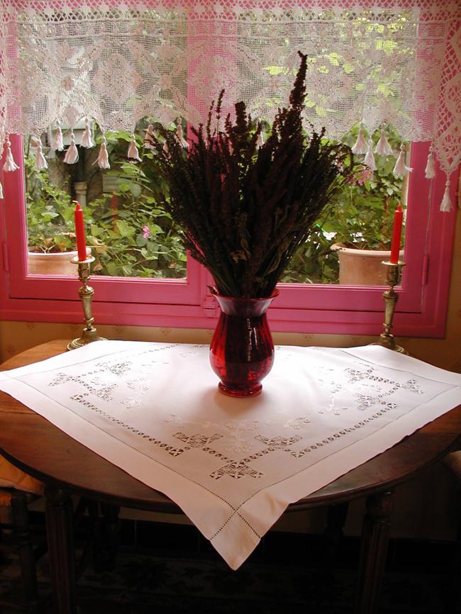 Superb tablecloth with drawn thread and raised white works, circa 1900