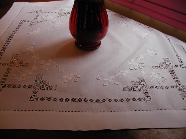 Superb tablecloth with drawn thread and raised white works, circa 1900